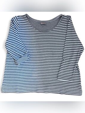 J Jill Stretch blue and navy striped 3/4 sleeve top shirt casual minimalist